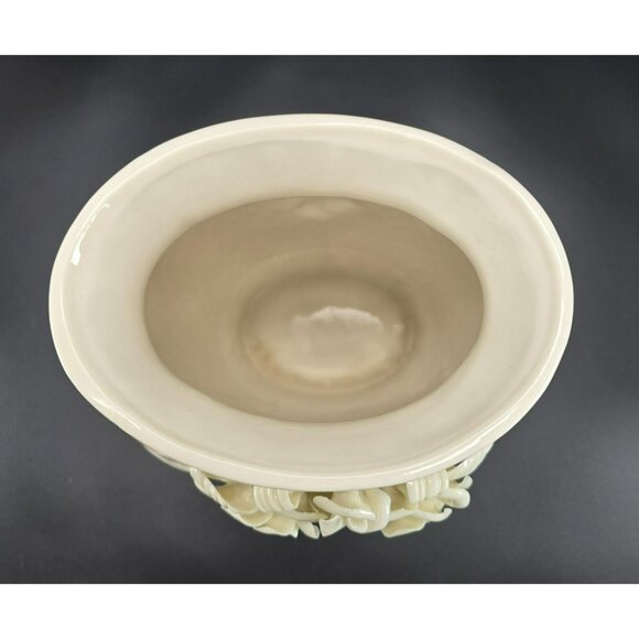 Vintage Ivory Ceramic Vase Embossed Floral Rose Basketweave Pattern JJ3900 - Picture 6 of 9